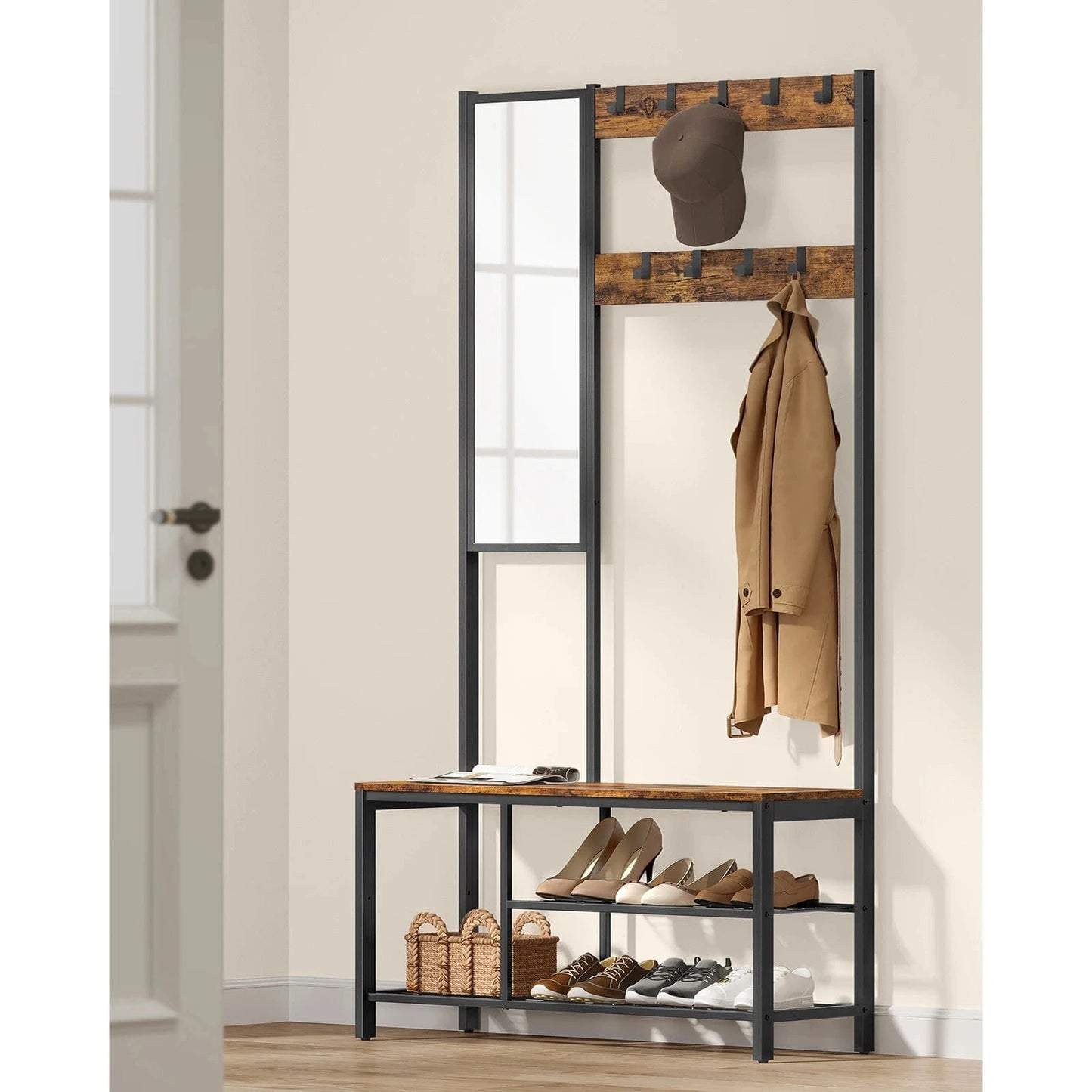 Porte-manteau miroir industriel – Meuble d’entrée avec banc