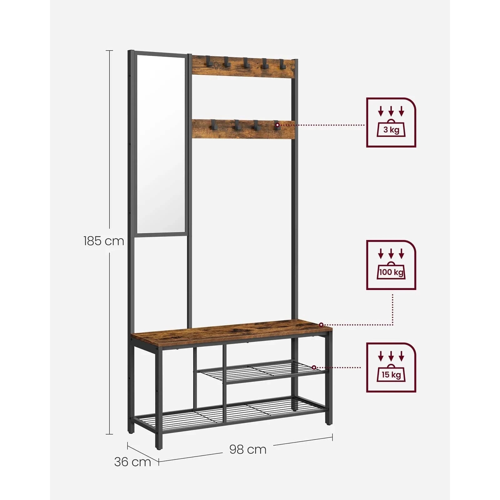 Porte-manteau miroir industriel – Meuble d’entrée avec banc