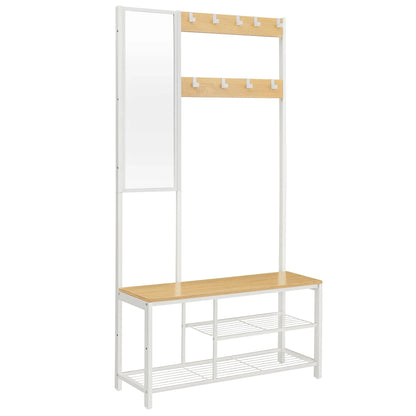 Porte-manteau miroir industriel – Meuble d’entrée avec banc Bois/Blanc