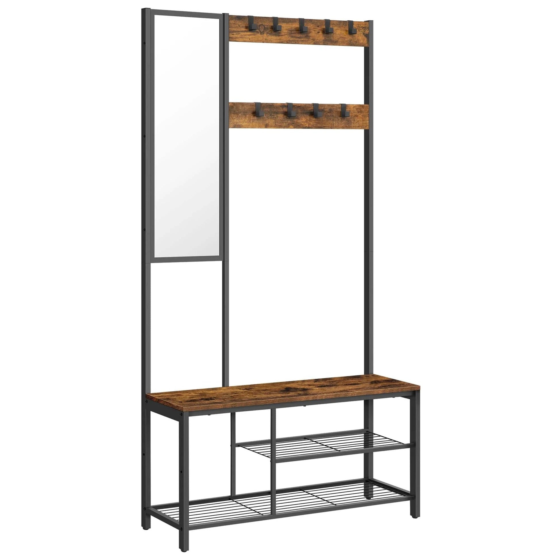Porte-manteau miroir industriel – Meuble d’entrée avec banc Marron/Noir