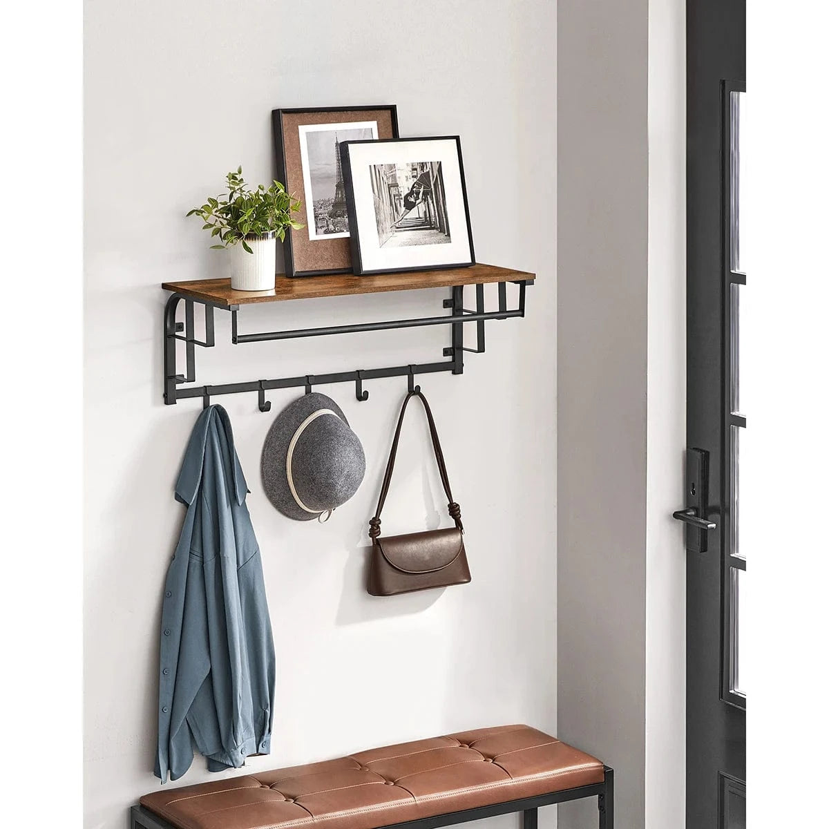 Porte-manteau mural en bois avec tringle et crochets amovibles Noir