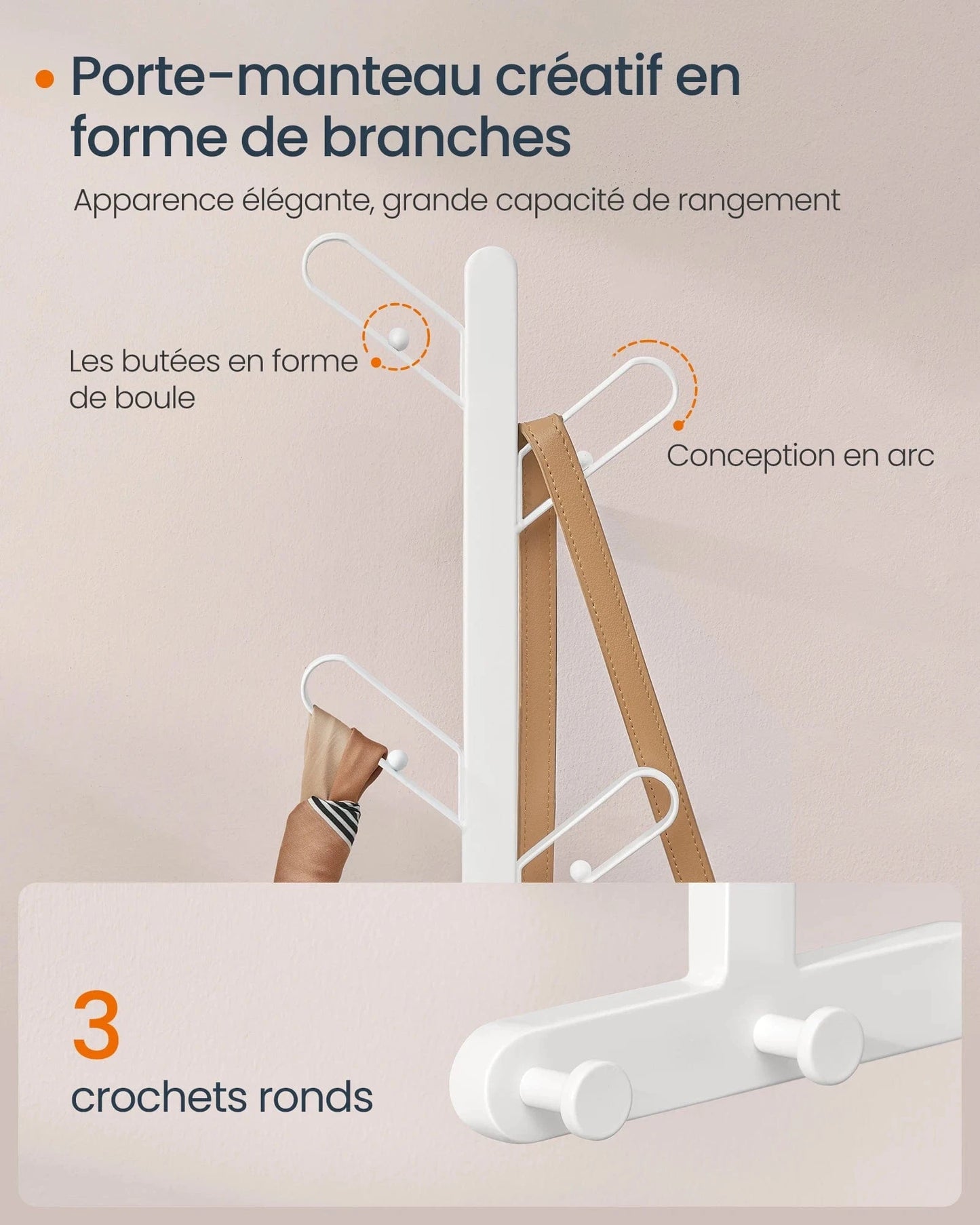 Porte-manteau mural en métal blanc perle – 7 crochets design Blanc