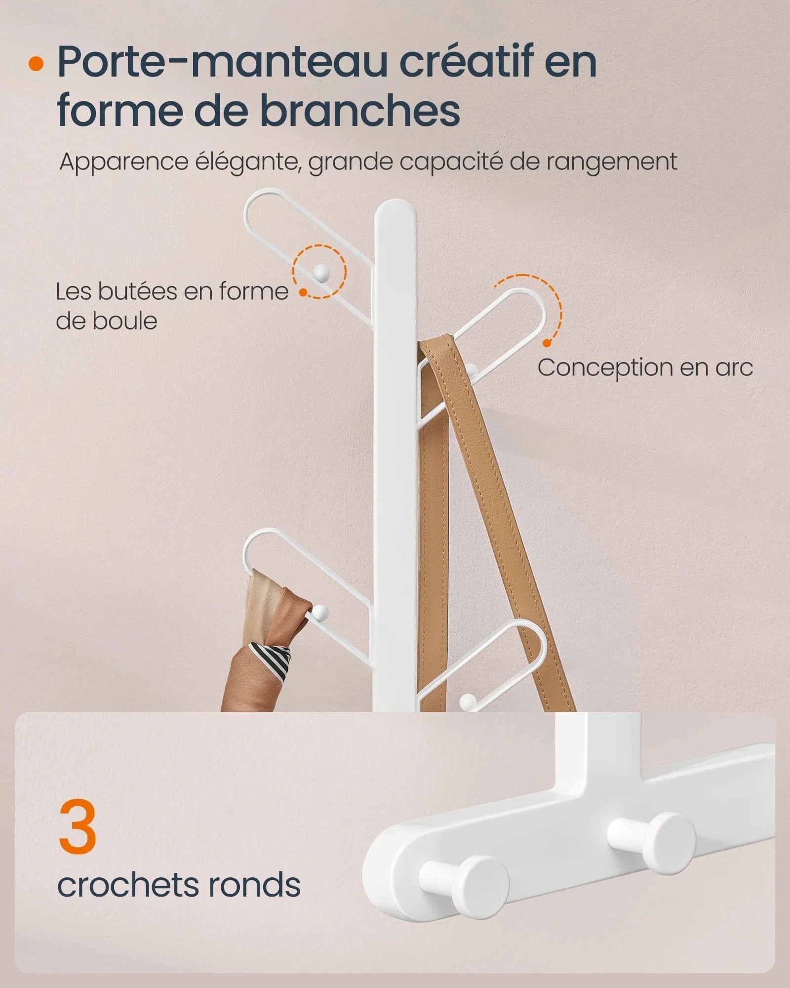 Porte-manteau mural en métal blanc perle – 7 crochets design Blanc