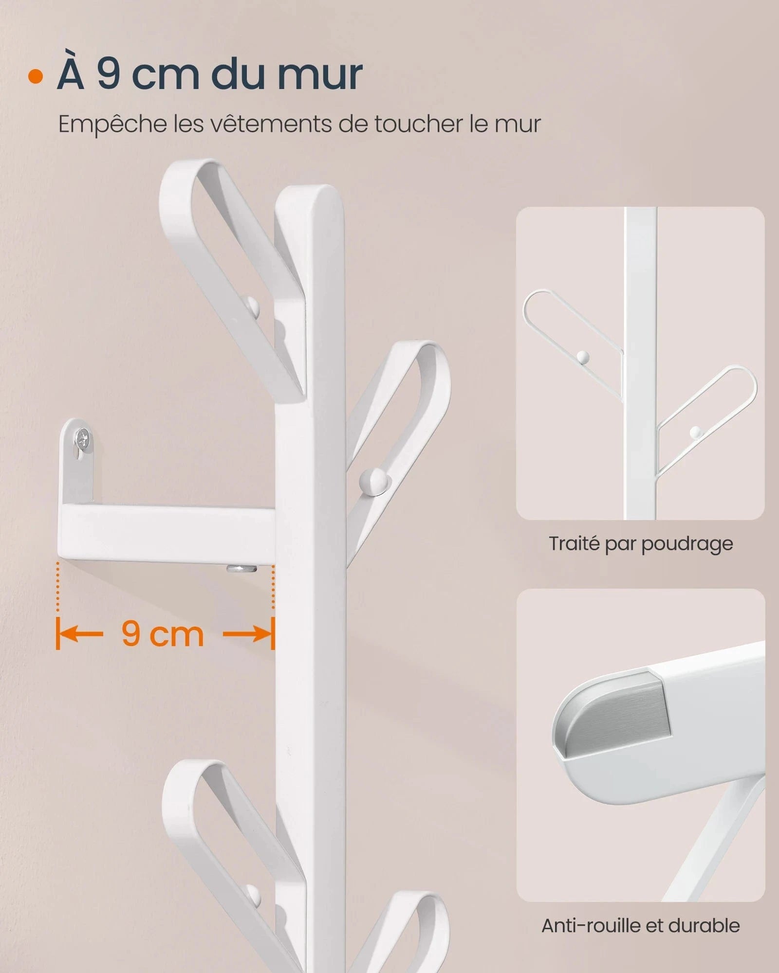 Porte-manteau mural en métal blanc perle – 7 crochets design Blanc