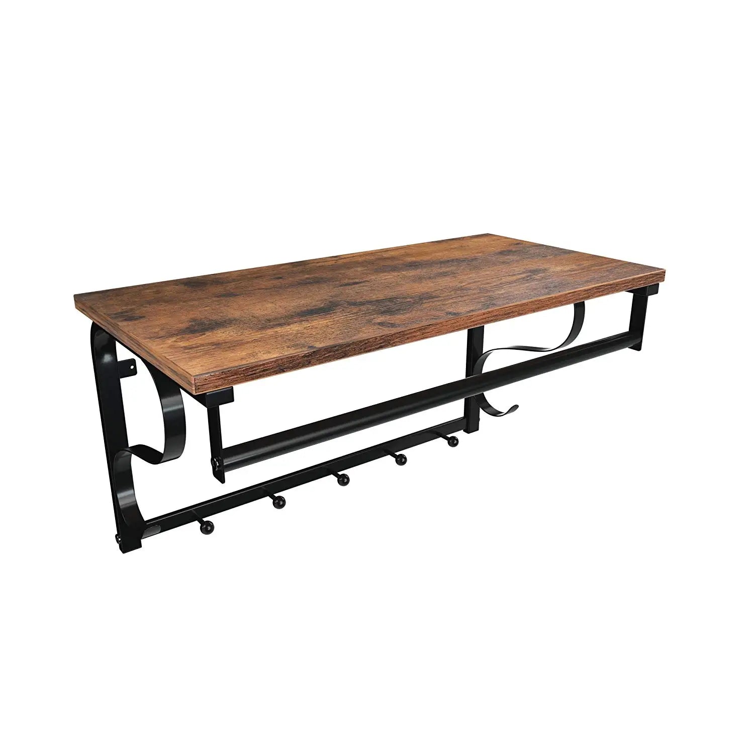 Porte-manteau mural industriel avec étagère et barre de suspension Bois