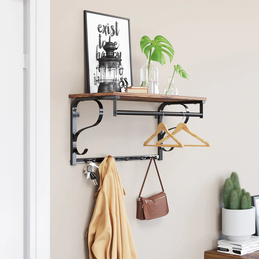 Porte-manteau mural industriel avec étagère et barre de suspension - Aéraly