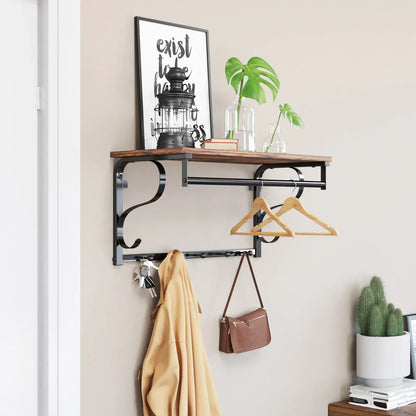 Porte-manteau mural industriel avec étagère et barre de suspension Bois