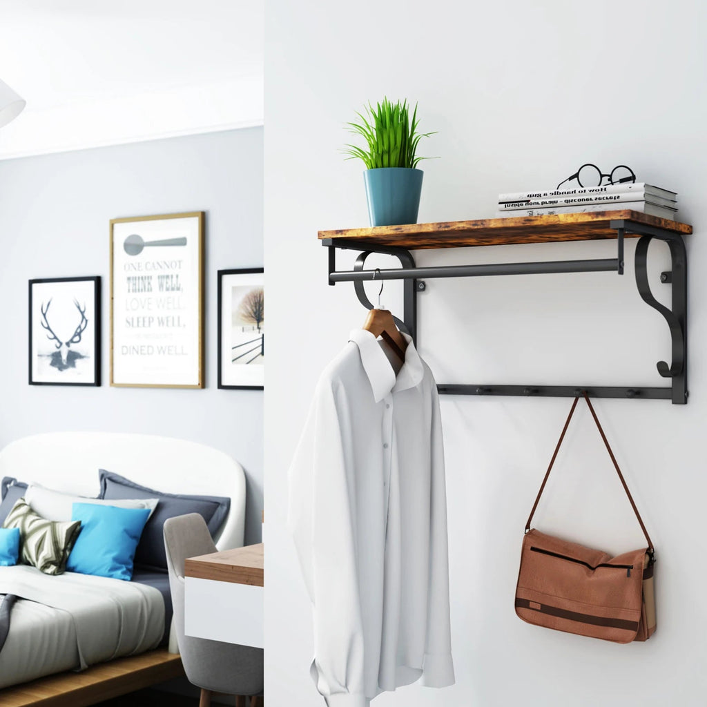 Porte-manteau mural industriel avec étagère et barre de suspension - Aéraly