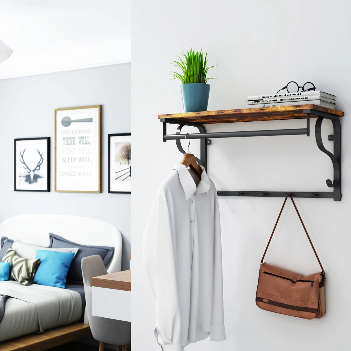 Porte-manteau mural industriel avec étagère et barre de suspension - Aéraly