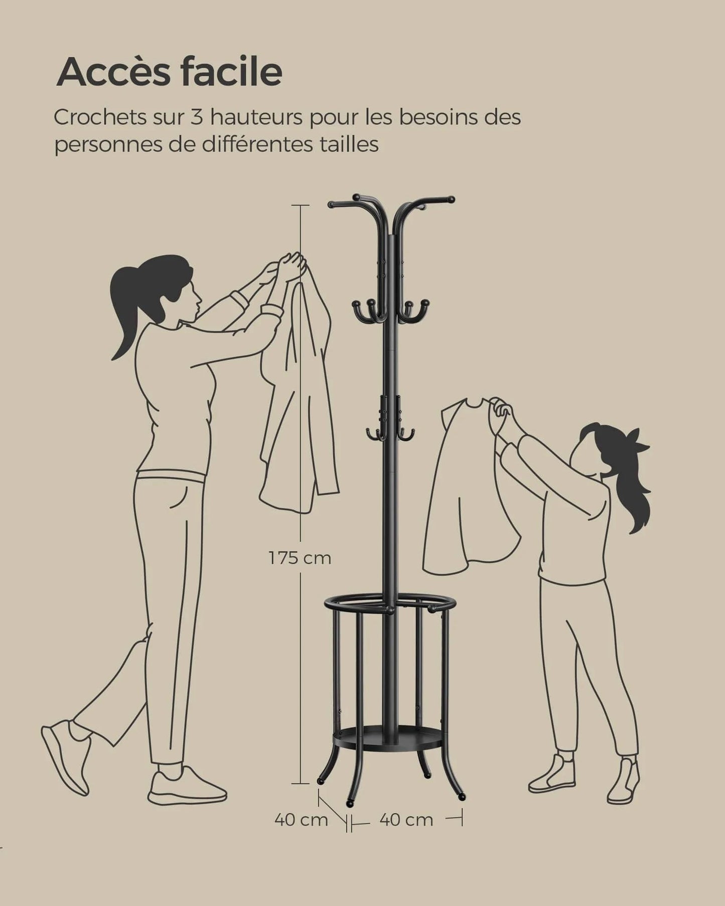 Porte-manteau sur pied avec porte-parapluie en métal noir