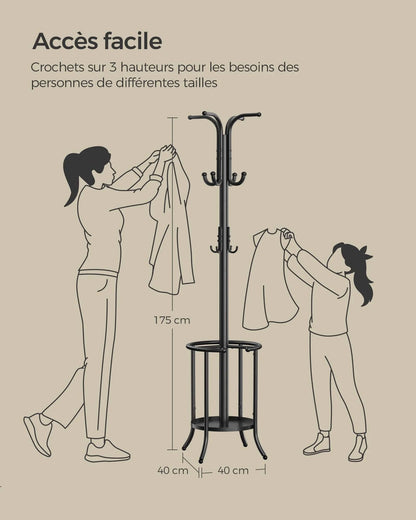 Porte-manteau sur pied avec porte-parapluie en métal noir