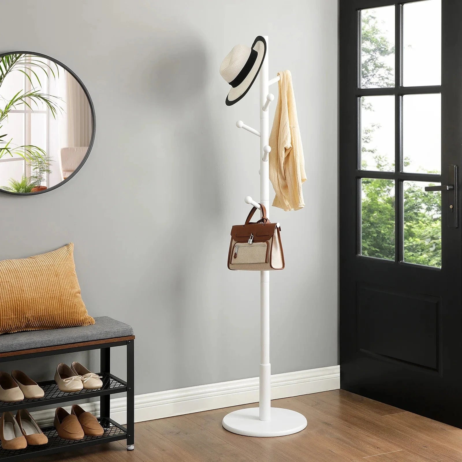 Porte-manteau sur pied en bois blanc – 7 crochets arrondis design scandinave Blanc