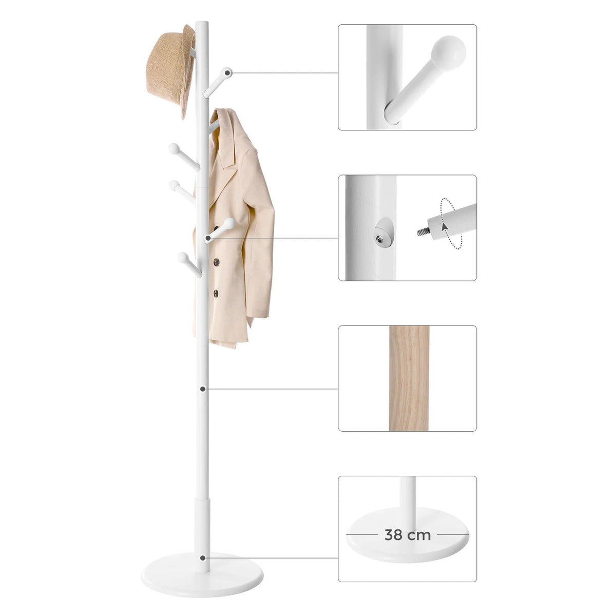 Porte-manteau sur pied en bois blanc – 7 crochets arrondis design scandinave - Aéraly