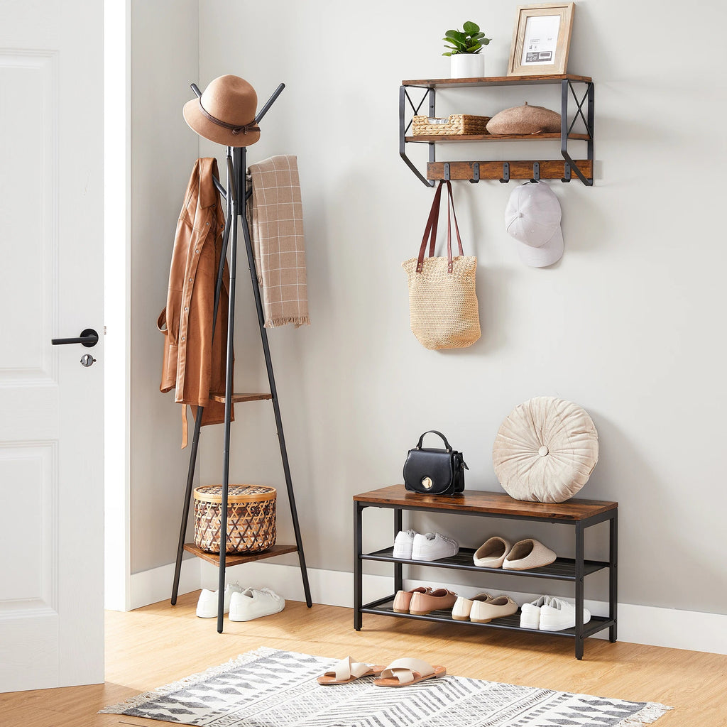 Porte-manteau sur pied original en métal et bois avec étagères - Aéraly
