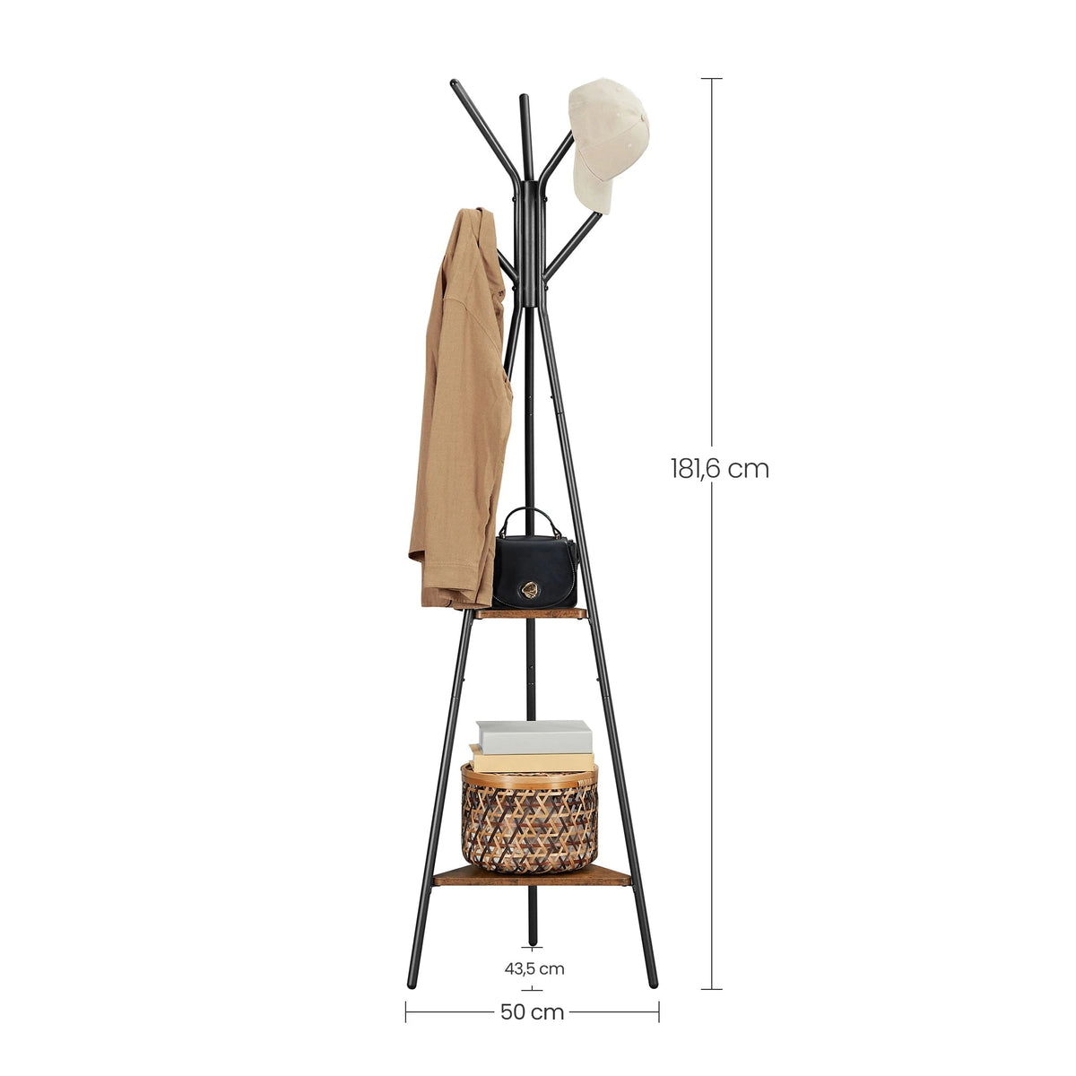 Porte-manteau sur pied original en métal et bois avec étagères - Aéraly