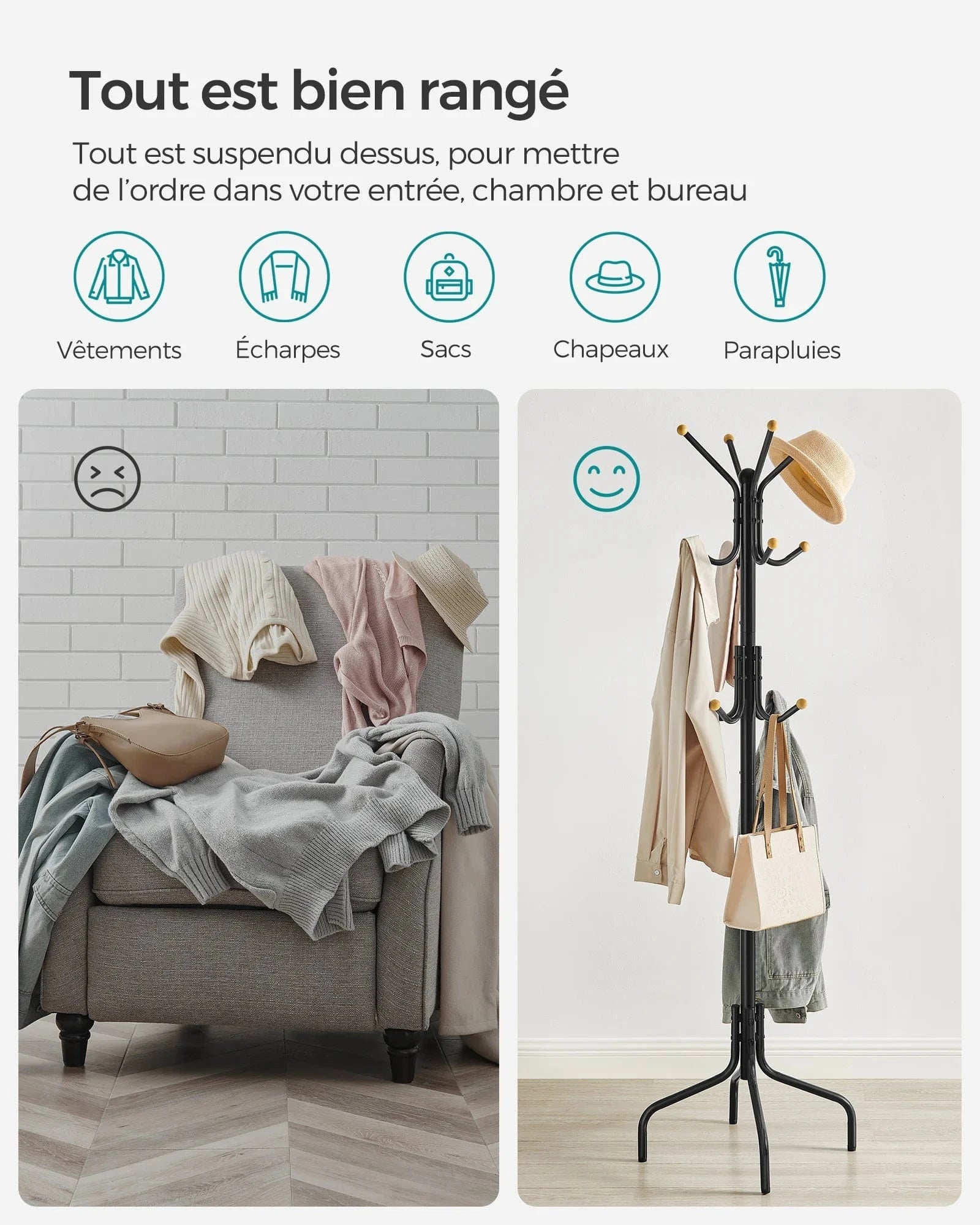 Porte-manteau sur pied en métal noir – 12 crochets Noir