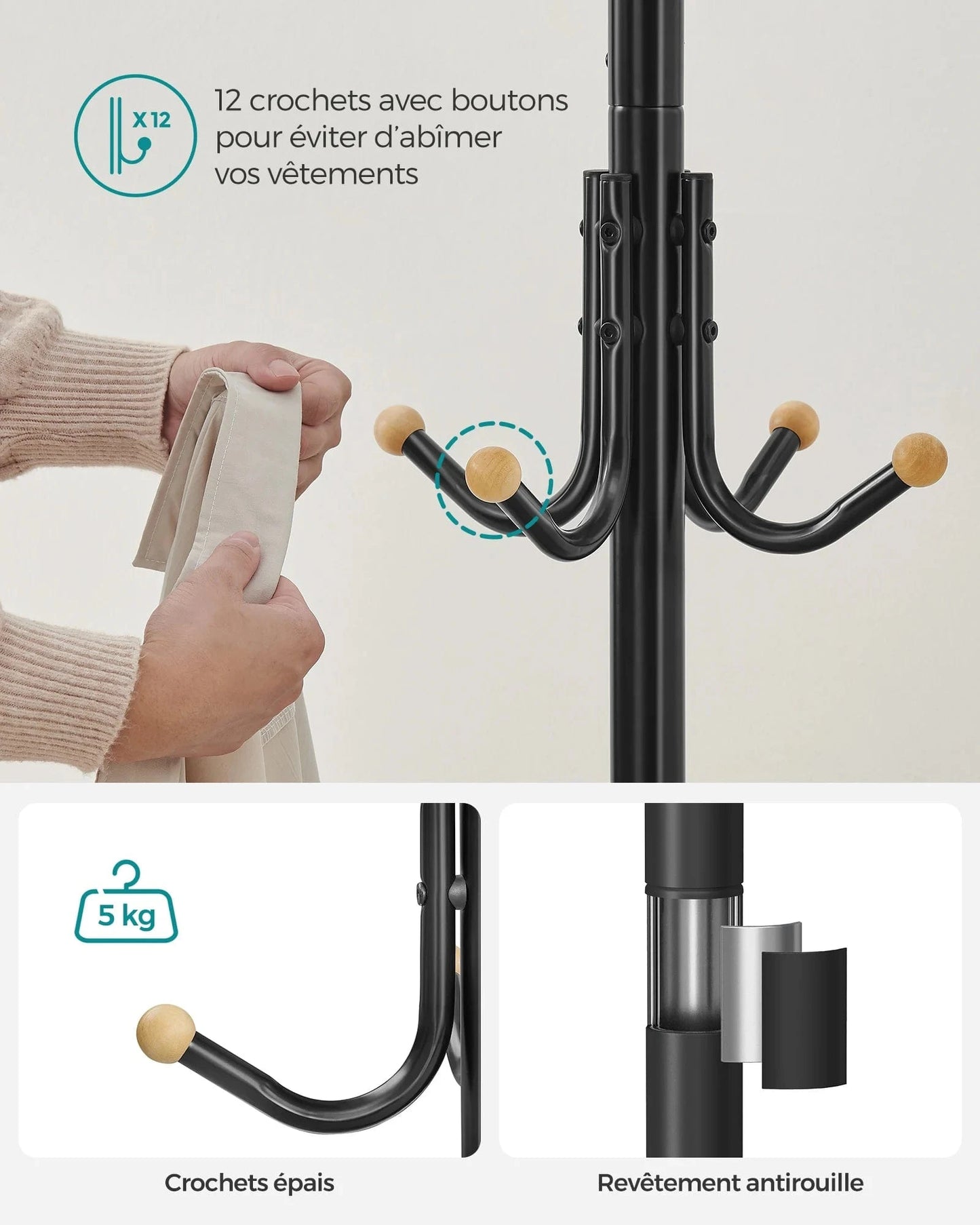 Porte-manteau sur pied en métal noir – 12 crochets Noir