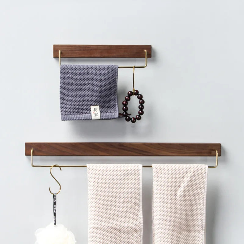 Porte-serviettes mural bois noyer laiton - Organisation élégante du linge - Aéraly