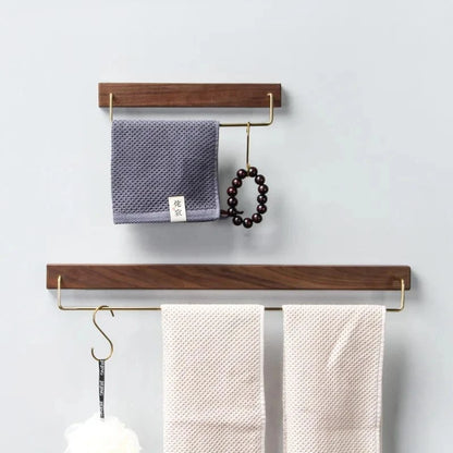 Black Walnut Wood Towel Rack Wall Mounted Retro Towel Bar Wooden Towel Holder Brass Towel Rail Brass Hooks for Bathroom Kitchen 60 cm