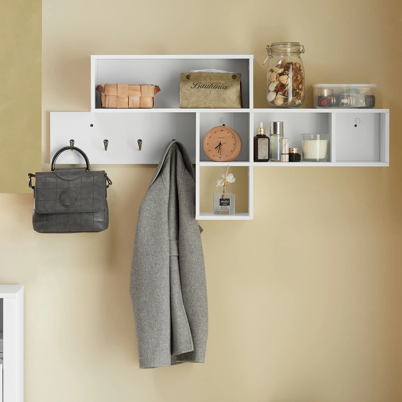Portemanteau étagère murale avec compartiments et crochets - Aéraly