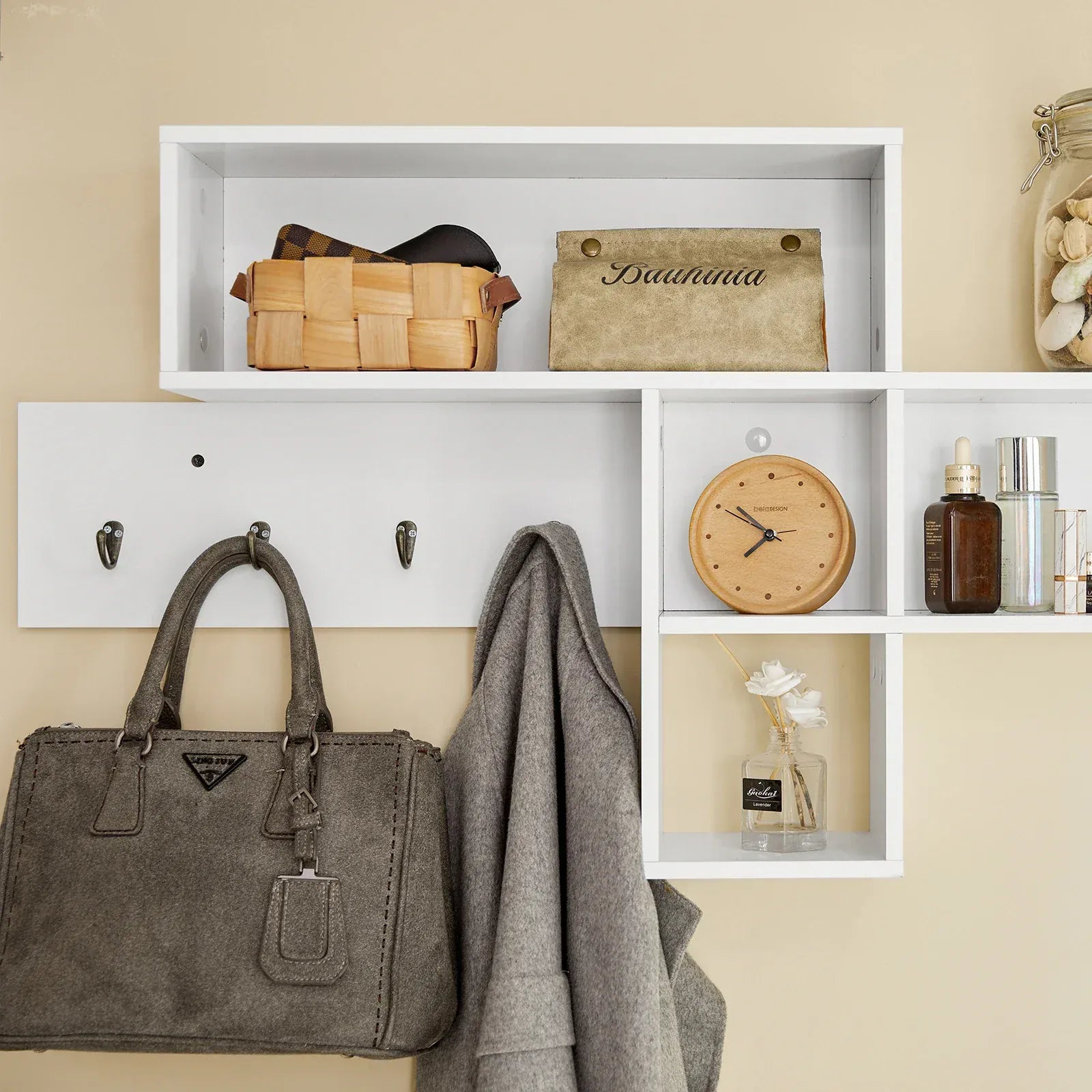 Portemanteau étagère murale avec compartiments et crochets Blanc