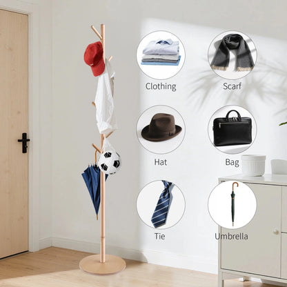 Solid Wood Coat Racks Stand Adjustable Height Clothes Hanger 8 Hook for Home Entryway Clothes Hat Scarves Handbags Rack