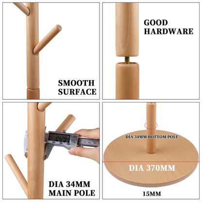 Solid Wood Coat Racks Stand Adjustable Height Clothes Hanger 8 Hook for Home Entryway Clothes Hat Scarves Handbags Rack