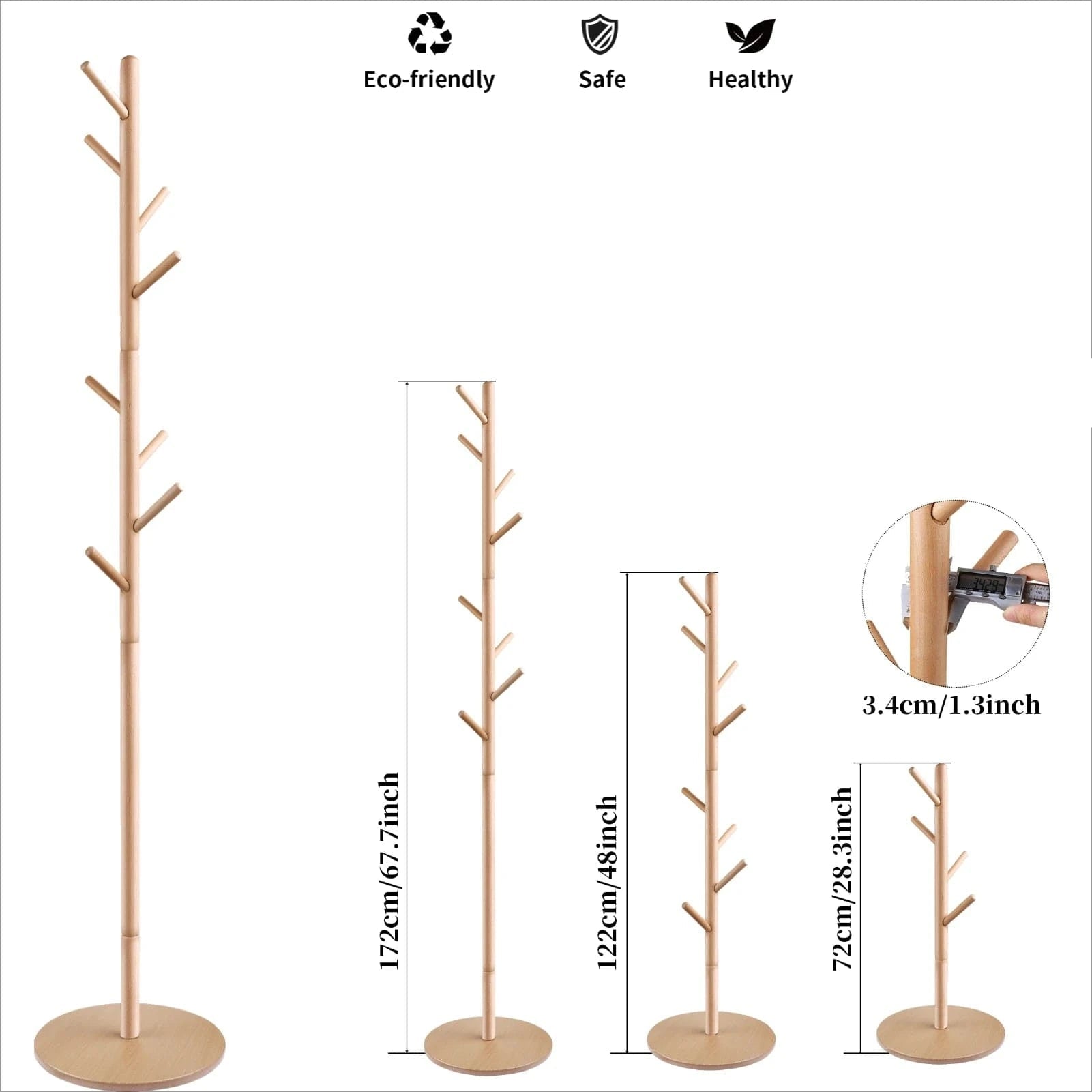 Solid Wood Coat Racks Stand Adjustable Height Clothes Hanger 8 Hook for Home Entryway Clothes Hat Scarves Handbags Rack