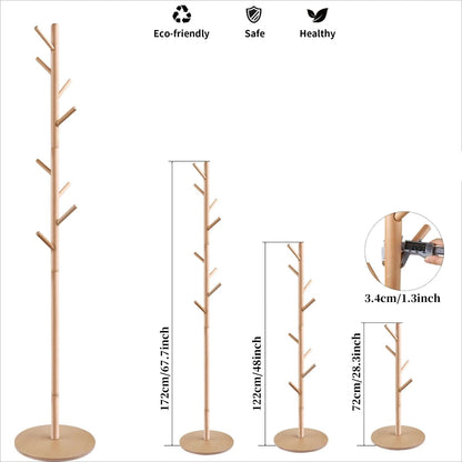 Solid Wood Coat Racks Stand Adjustable Height Clothes Hanger 8 Hook for Home Entryway Clothes Hat Scarves Handbags Rack