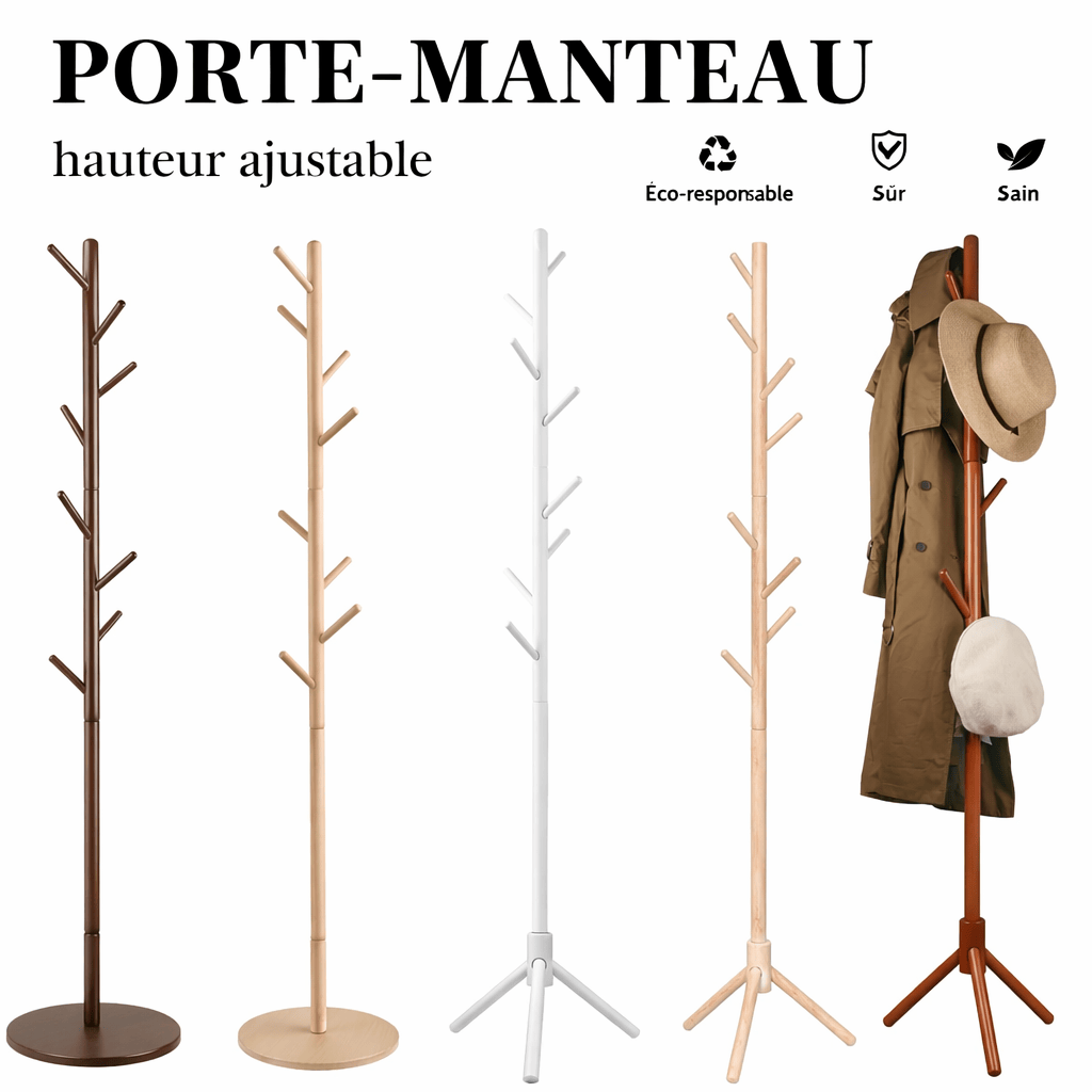 Portemanteau bois massif réglable en hauteur - un rangement efficace et élégant - Aeraly