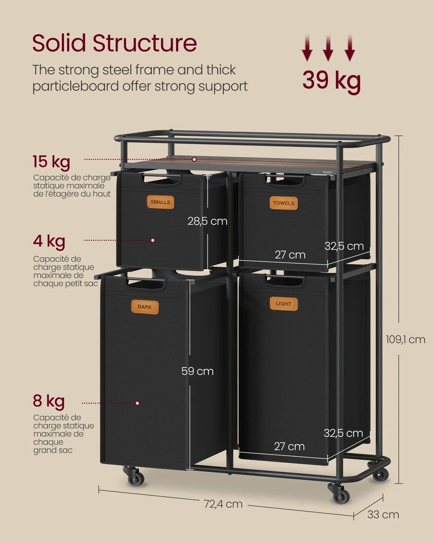 Rangement pour linge sale 150L avec 4 sacs amovibles Noir