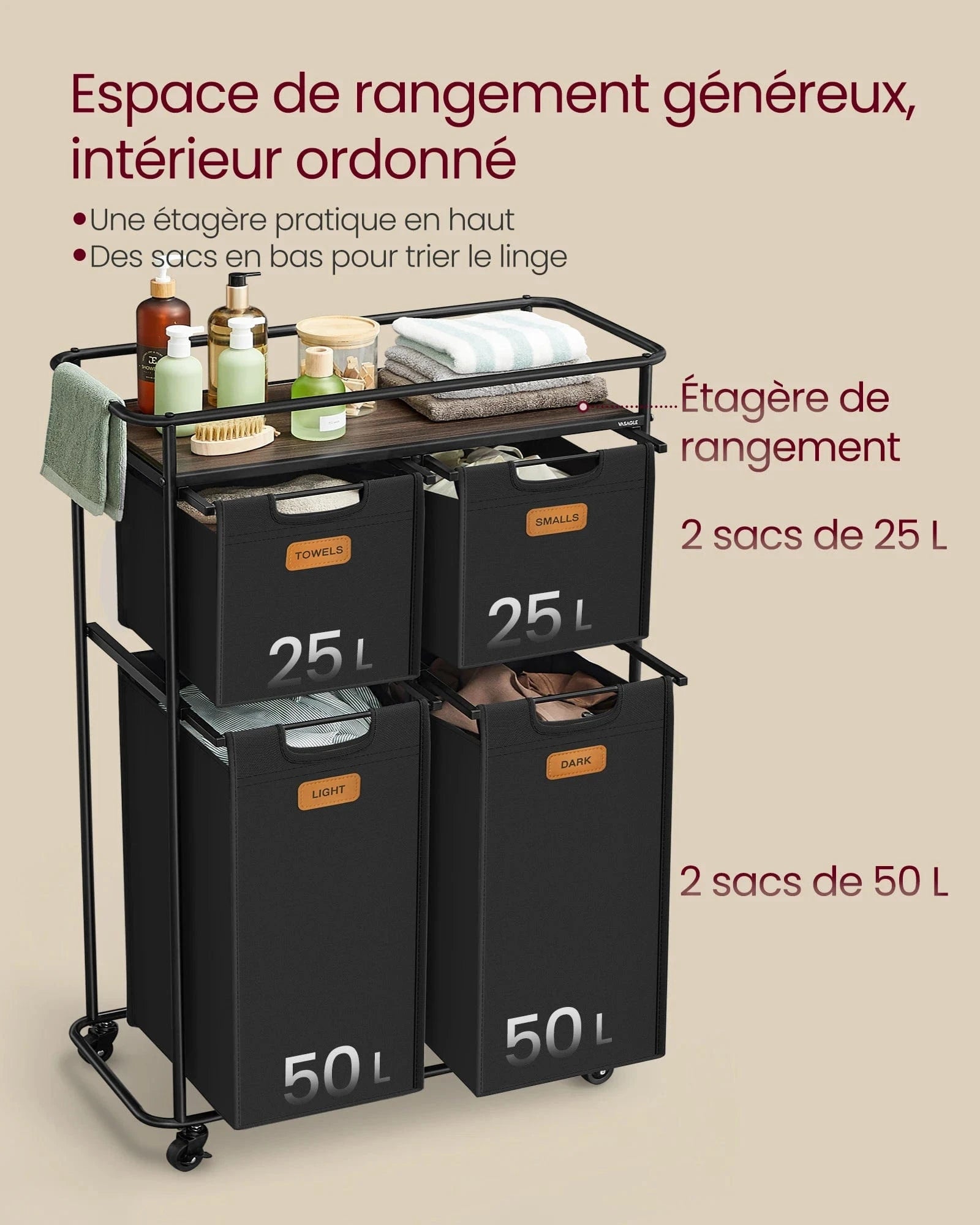 Rangement pour linge sale 150L avec 4 sacs amovibles Noir