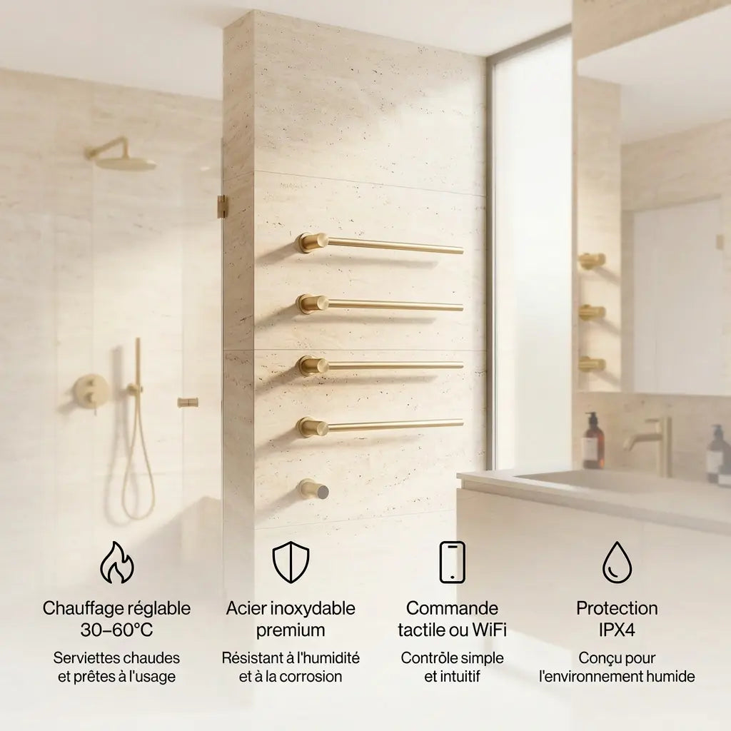 Sèche-Serviette Design WiFi | Inox 304 | 80–105–130W | 5 Finitions - Aeraly