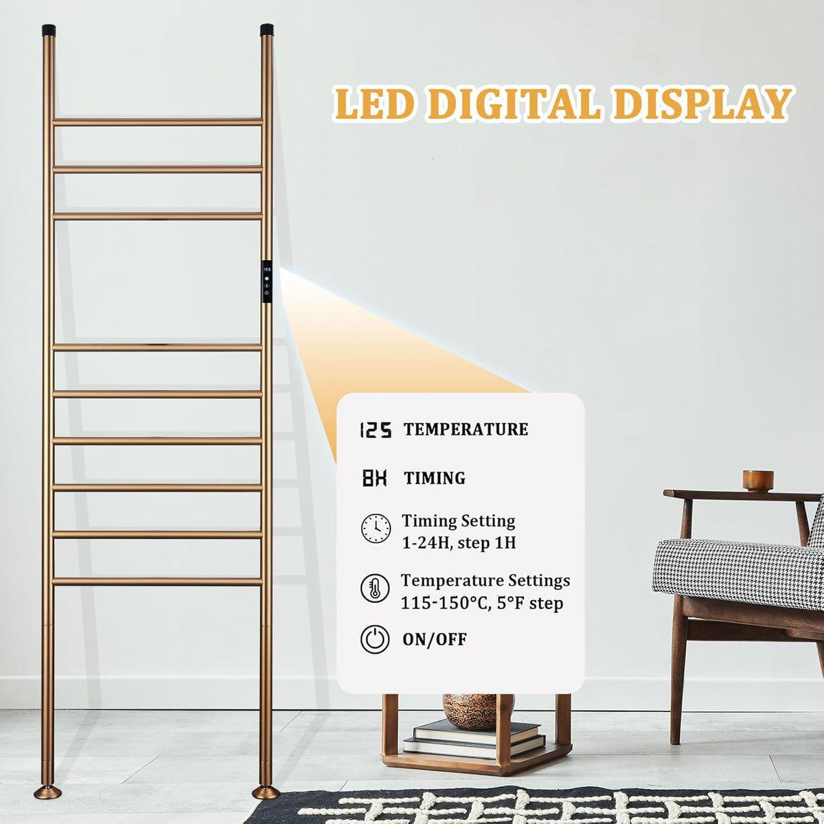 Sèche-Serviette sur Pied Électrique - Style Échelle - 110W Or Brossé Aeraly