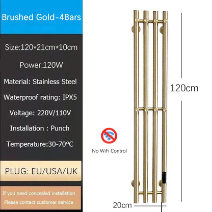 Sèche-serviettes chauffant mural salle de bain 120W 220V EU / Droite / Brossé Or-4 Bars-Tube Rond
