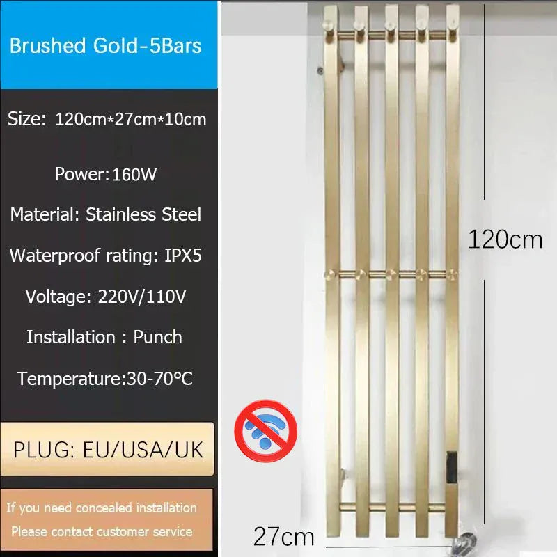 Sèche-serviettes chauffant mural salle de bain 120W 220V EU / Droite / Brossé Or-5 Bars-Tube Carré