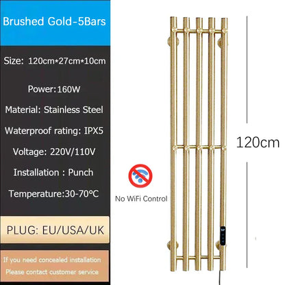 Sèche-serviettes chauffant mural salle de bain 120W 220V EU / Droite / Brossé Or-5 Bars-Tube Rond