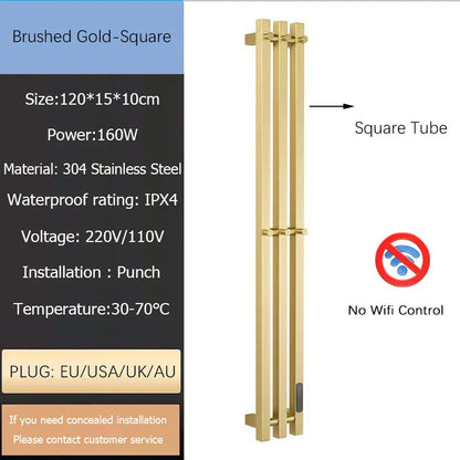 Sèche-serviettes chauffant mural salle de bain 120W 220V EU / Droite / Brossé Or-Tube Carré