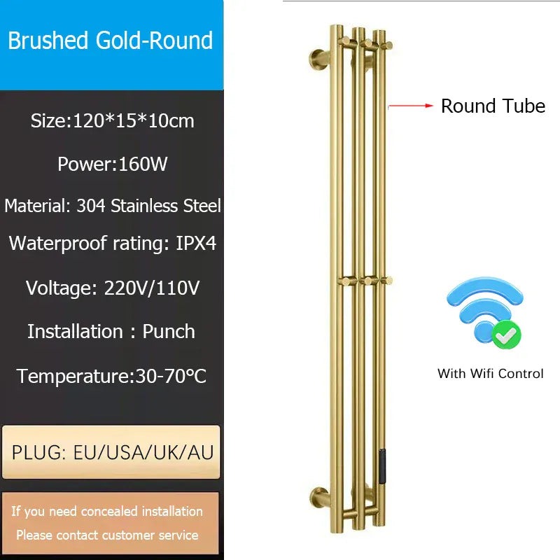 Sèche-serviettes chauffant mural salle de bain 120W 220V EU / Droite / Brossé Or-Tube Rond