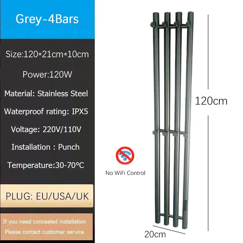 Sèche-serviettes chauffant mural salle de bain 120W 220V EU / Droite / Gris-4 Bars-Tube Rond