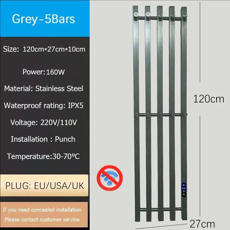 Sèche-serviettes chauffant mural salle de bain 120W 220V EU / Droite / Gris-5 Bars-Tube Carré