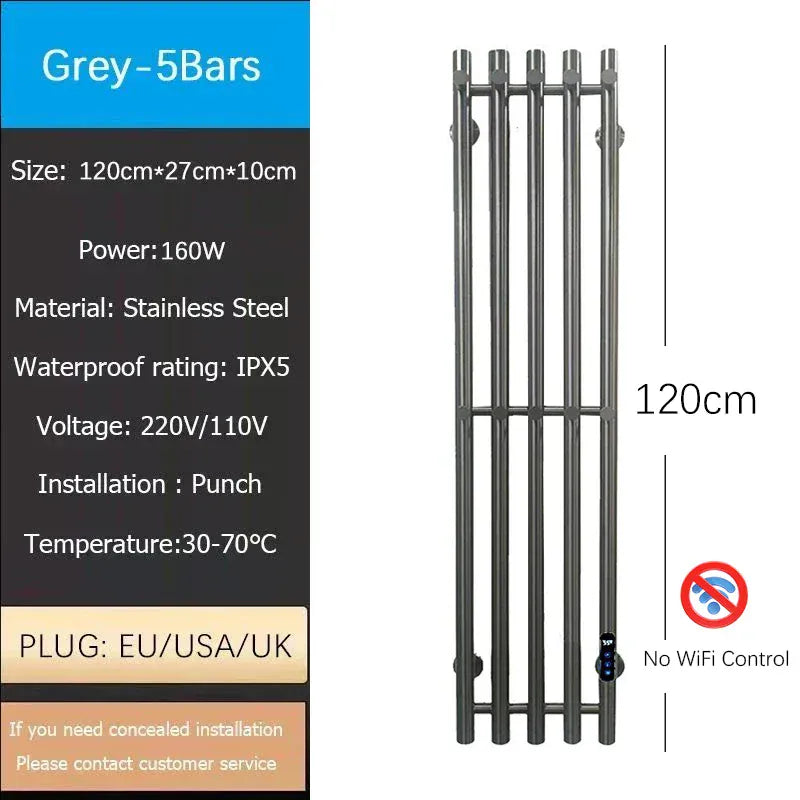 Sèche-serviettes chauffant mural salle de bain 120W 220V EU / Droite / Gris-5 Bars-Tube Rond