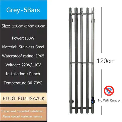 Sèche-serviettes chauffant mural salle de bain 120W 220V EU / Droite / Gris-5 Bars-Tube Rond