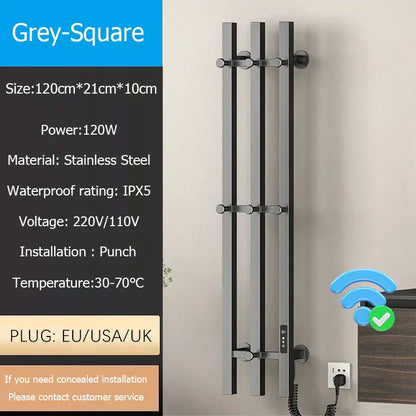 Sèche-serviettes chauffant mural salle de bain 120W 220V EU / Droite / Gris-Tube Carré
