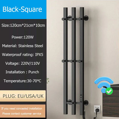 Sèche-serviettes chauffant mural salle de bain 120W 220V EU / Droite / Noir-Tube Carré