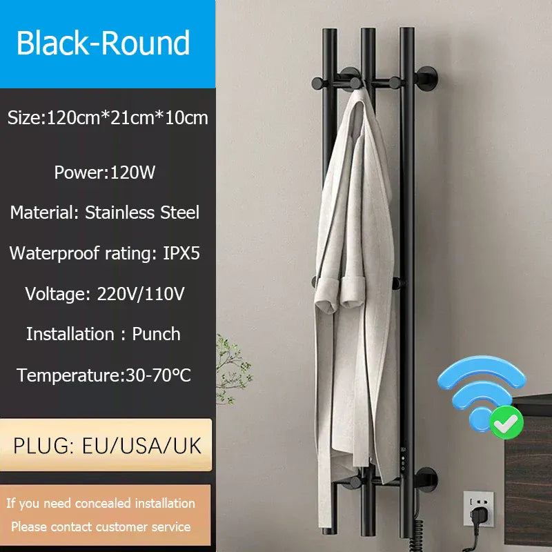 Sèche-serviettes chauffant mural salle de bain 120W 220V EU / Droite / Noir-Tube Rond
