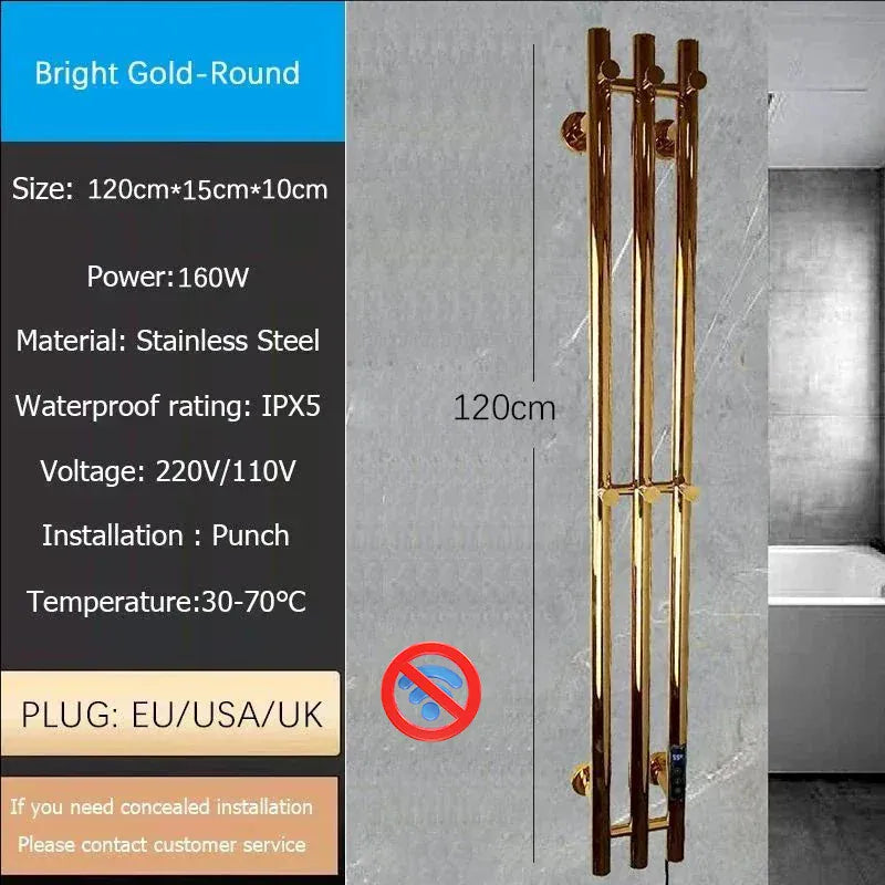 Sèche-serviettes chauffant mural salle de bain 120W 220V EU / Droite / Or-Tube Rond
