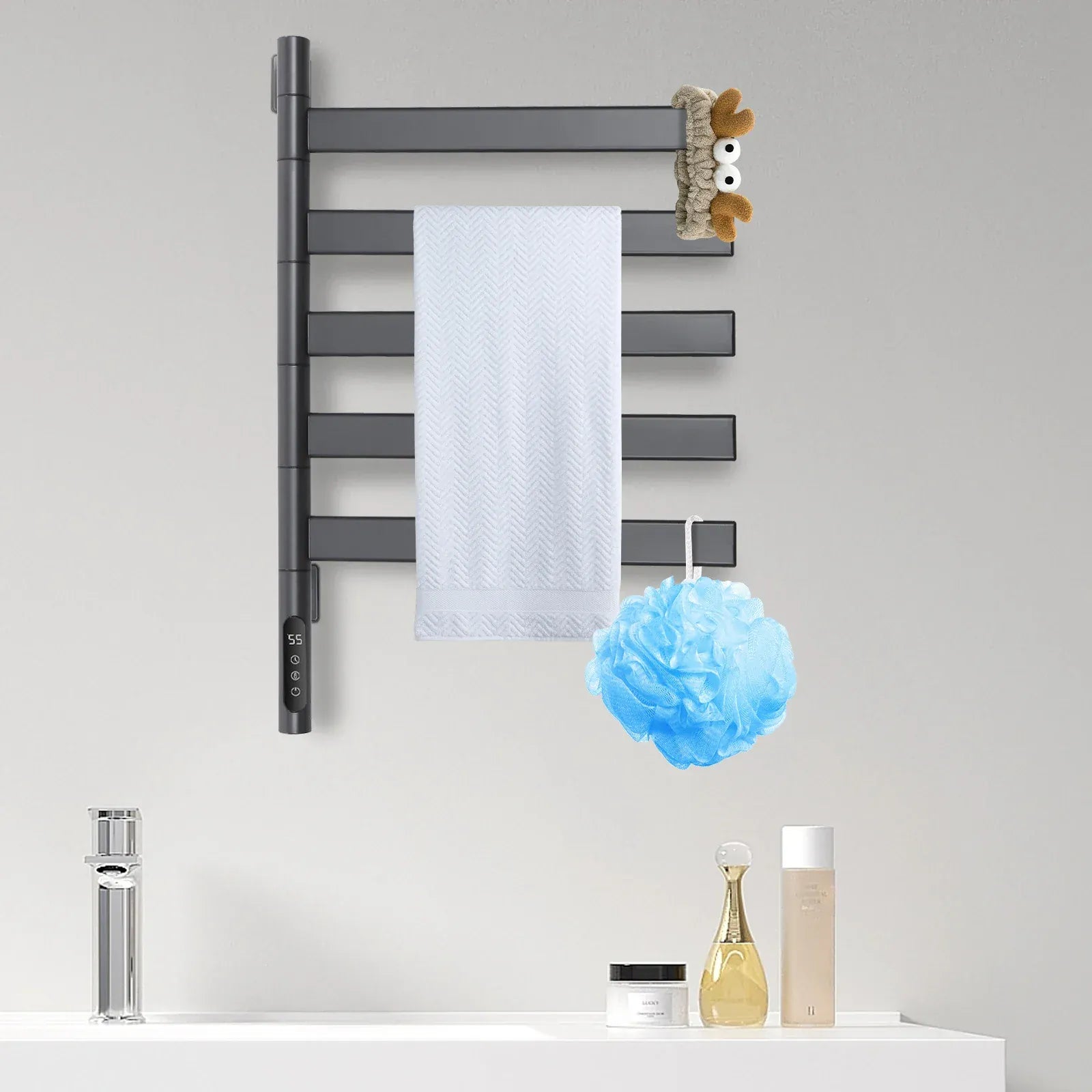 Sèche-serviettes électrique rotation 180° fibre carbone tactile Gris