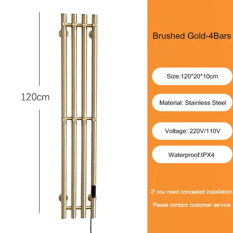 Sèche-serviettes électrique salle de bains 220V EU / Brossé Or-4Bars-Tube Rond