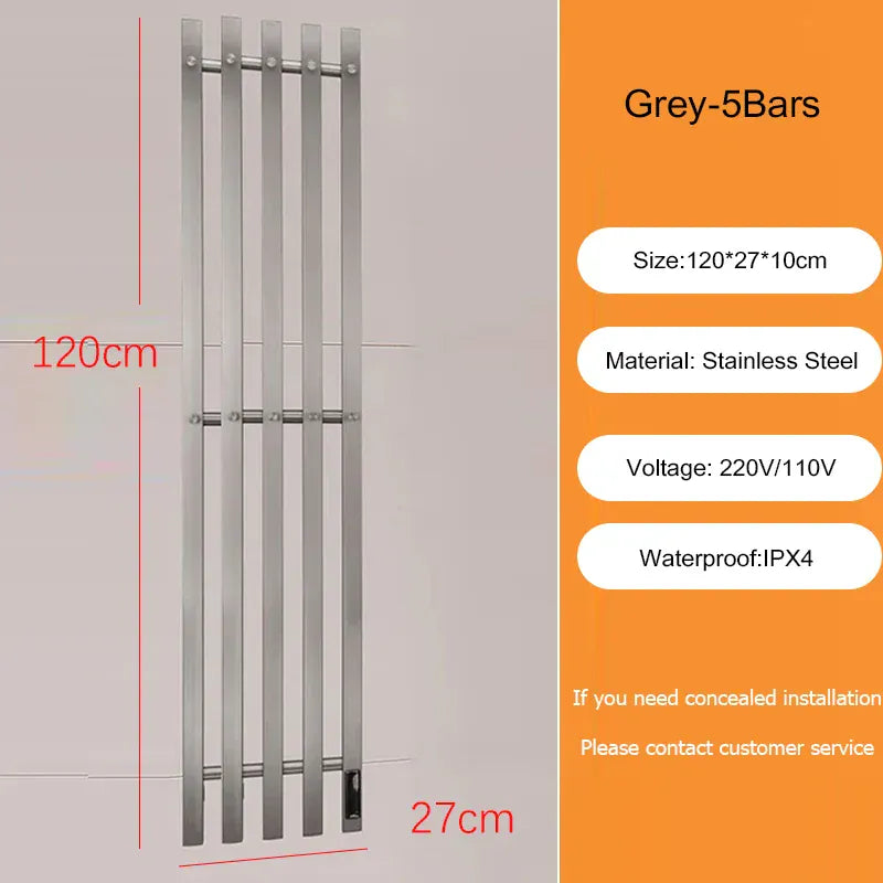 Sèche-serviettes électrique salle de bains 220V EU / Gris-5 Bars-Tube Carré